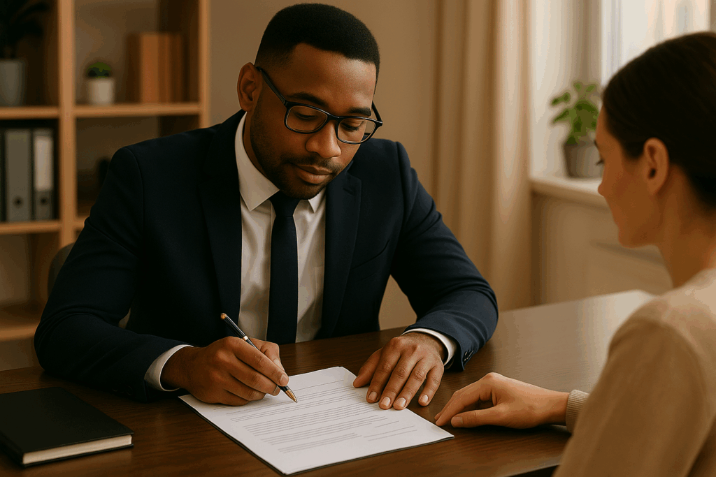 man signing a legal contract at an office