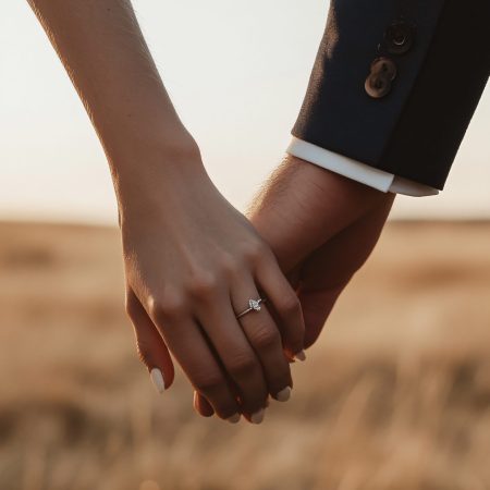 Newly married couple holding hands showing off wedding rings in a field at sunset Newlywed couple displaying their wedding rings while holding hands in a sunset field