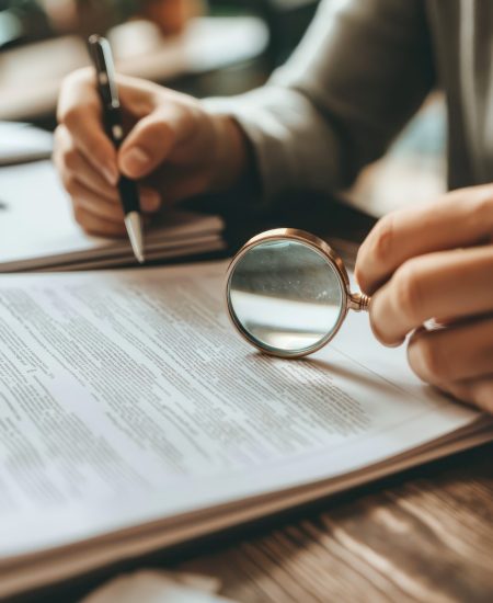 Lawyer analyzing an insurance claim document with a magnifying glass. Lawyer analyzing an insurance claim document with a magnifying glass.