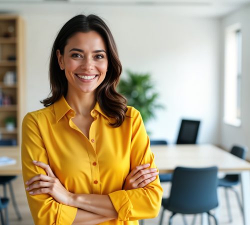 Confident Latin American businesswoman stands in modern office. Smiling woman looks directly at camera with arms crossed. Wears bright yellow shirt. Successful, pro person in corporate environment. Confident Latin American businesswoman stands in modern office. Smiling woman looks directly at camera with arms crossed. Wears bright yellow shirt. Successful pro person in corporate environment.