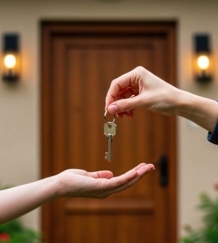 New home. House owner, seller, real estate agent or landlord hands over keys to new owner, tenant or buyer at front door. Housewarming, moving in, relocation. Hi res promo ad template with copy space New home. House owner, seller, real estate agent or landlord hands over keys to new owner, tenant or buyer at front door. Housewarming, moving in, relocation. Hi res promo ad template with copy space