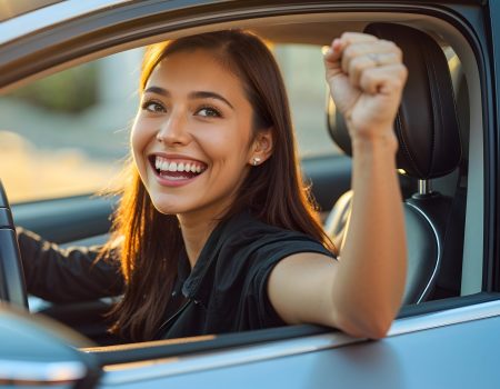 A young woman is happy to buy a new modern car. A young woman is happy to buy a new modern car.
