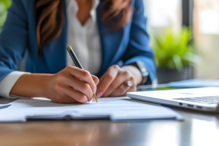 Gros plan sur un contrat en train d’être signé par une femme. Gros plan sur un contrat en train d'être signé par une femme.