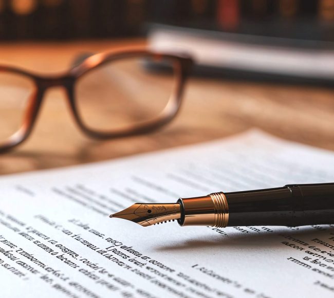 A detailed legal document prominently displaying an affidavit rests on a wooden desk, accompanied by a fountain pen and reading glasses. A detailed legal document prominently displaying an affidavit rests on a wooden desk, accompanied by a fountain pen and reading glasses.